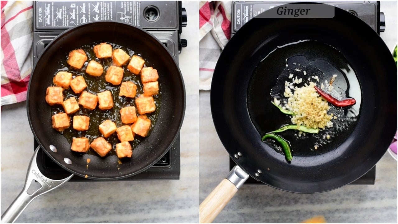 Fry paneer until crispy. Then cook ginger garlic and chillis
