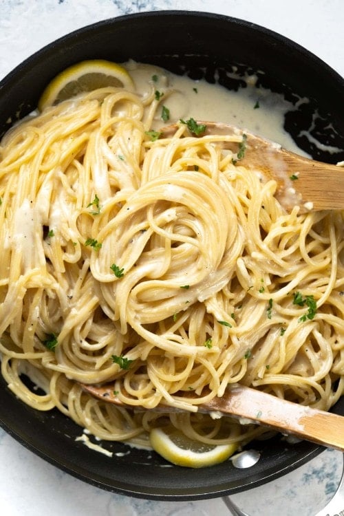 One-pot pasta with lemony creamy sauce made in a skillet