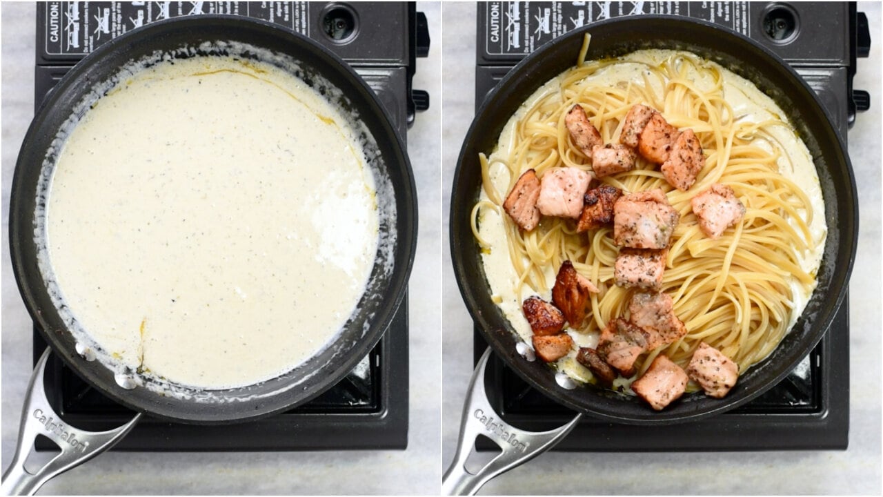 Add cooked salmon and pasta to lemon cream sauce. 