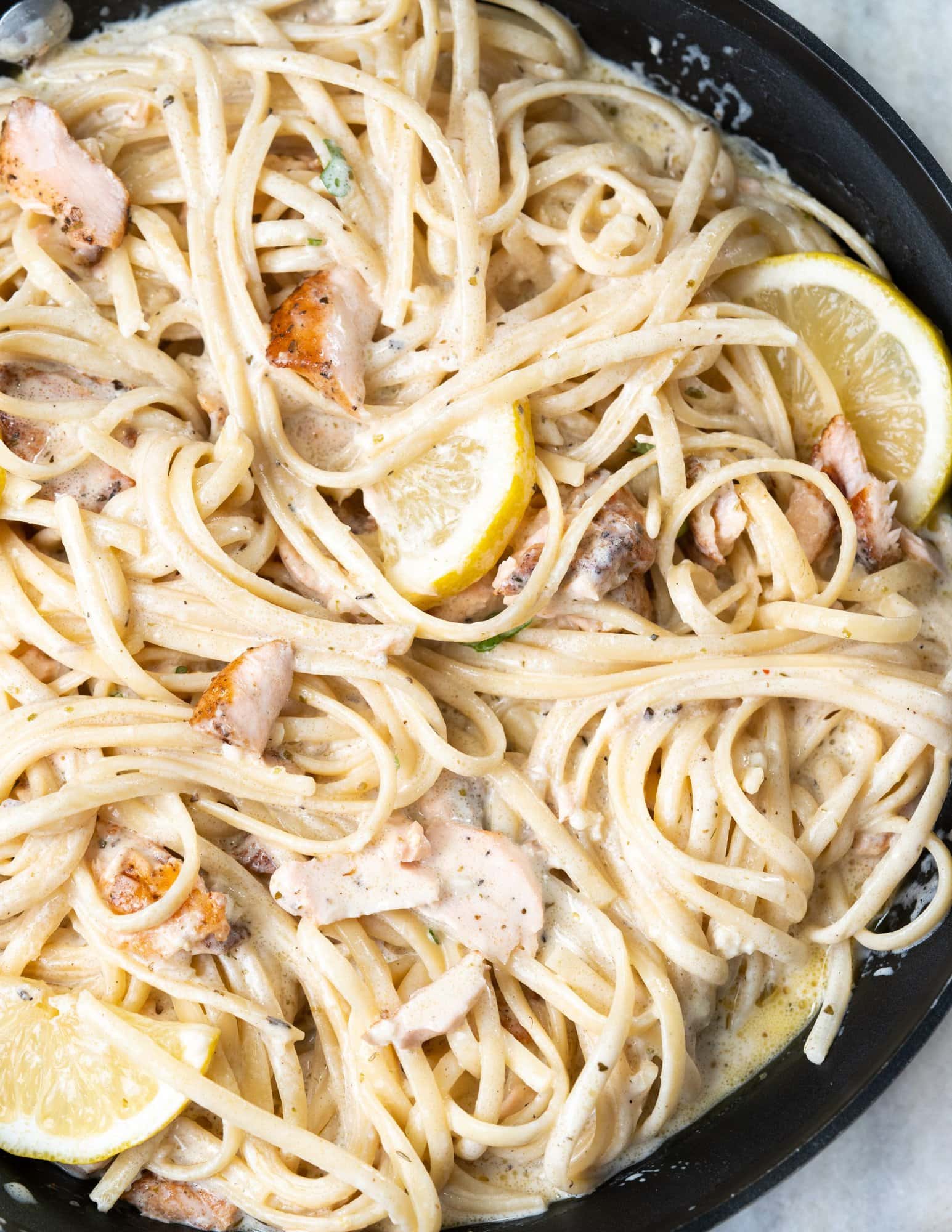 Salmon pasta in a creamy lemon sauce. 