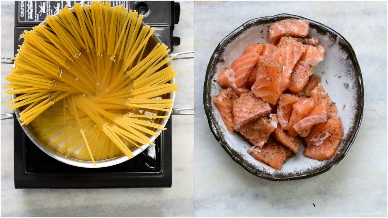 Cook dry pasta and season salmon fillets.