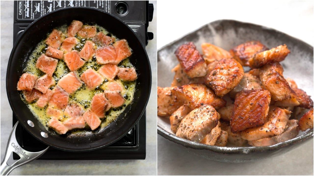 Cook salmon fillets for 3-4 minutes, for salmon pasta.