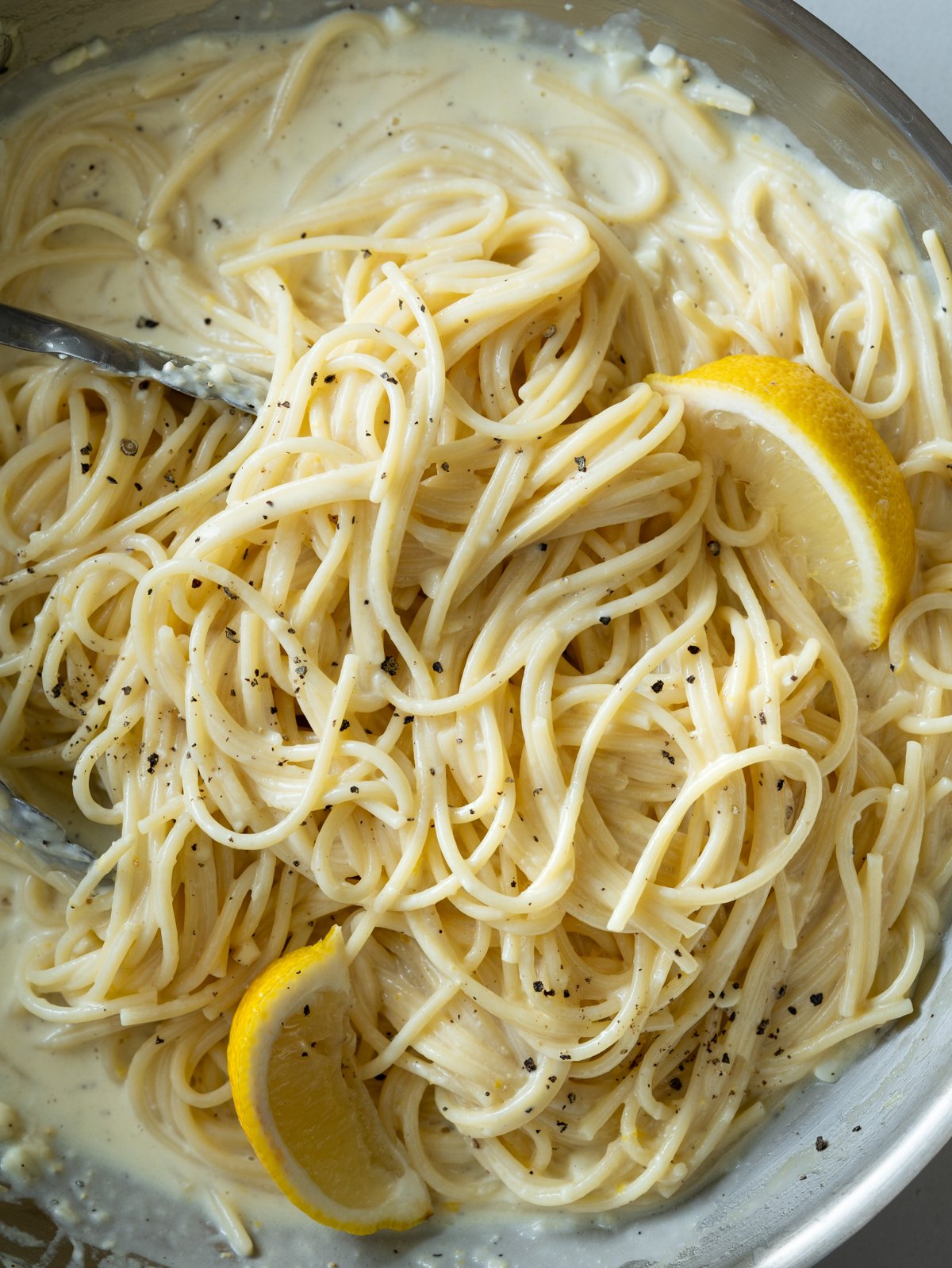 spaghetti in a creamy lemon sauce.