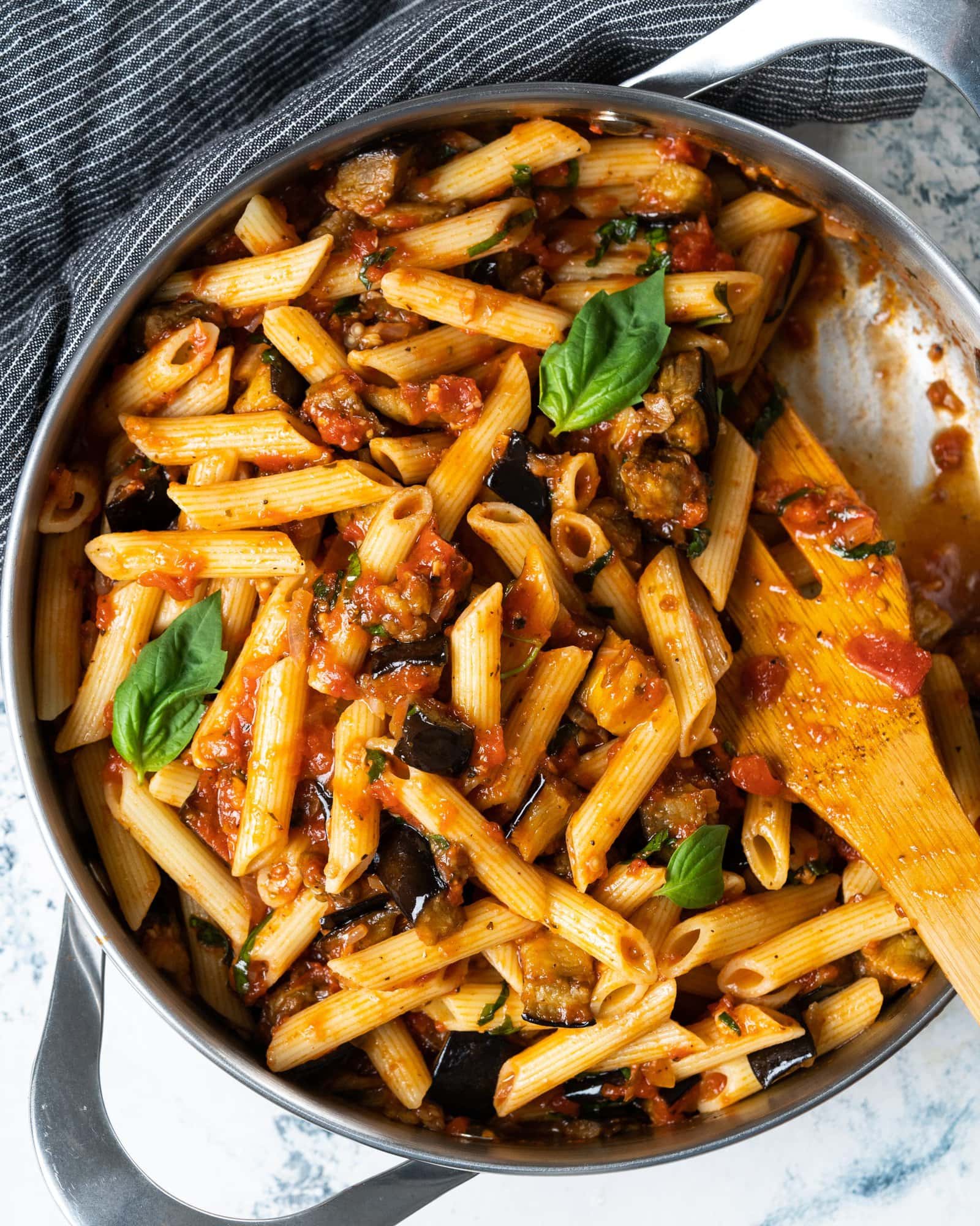 Top view of Pasta Alla Norma made with baked eggplant as a twist.