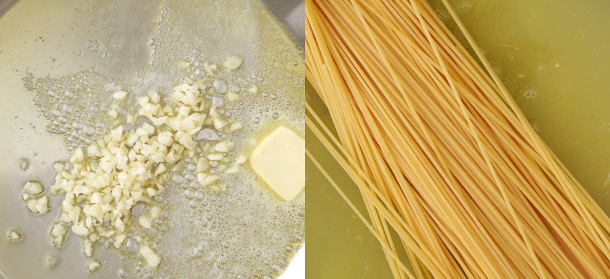 saute galric in butter olive oil , cook pasta in chicken stock.