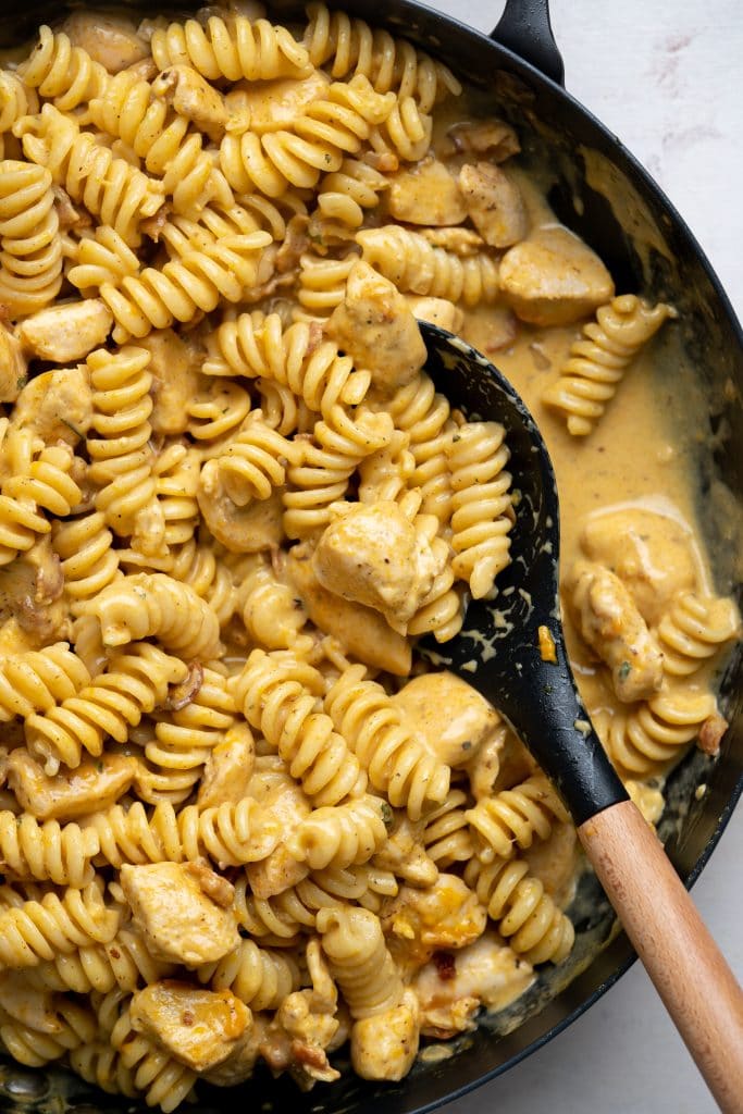 Chicken pasta with creamy cheesy sauce made of ranch seasoning