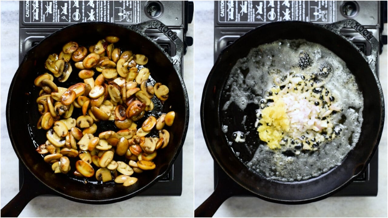 cook mushroom until caramelised. Saute onion and garlic. 