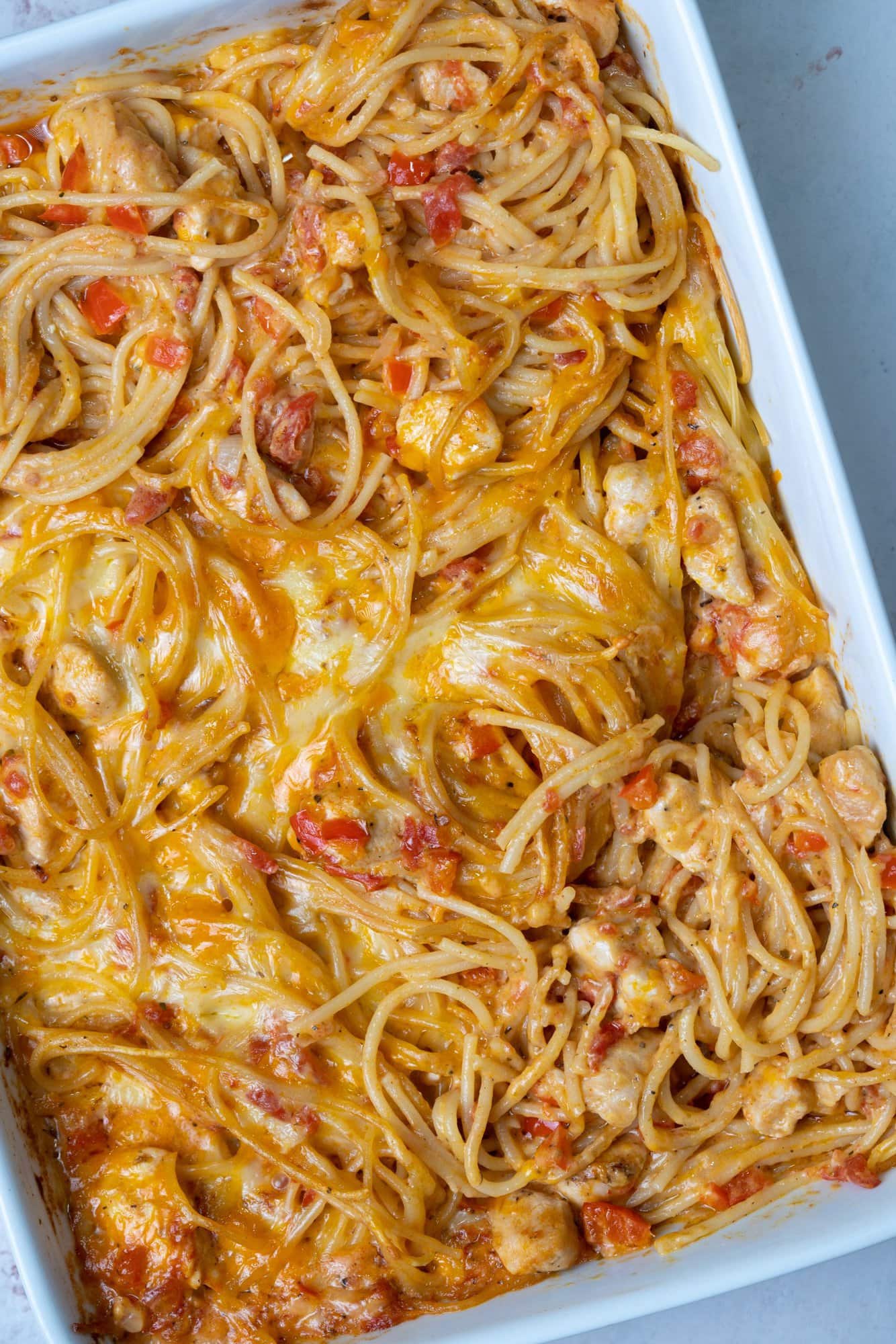 Chicken spaghetti bake done in a baking tray