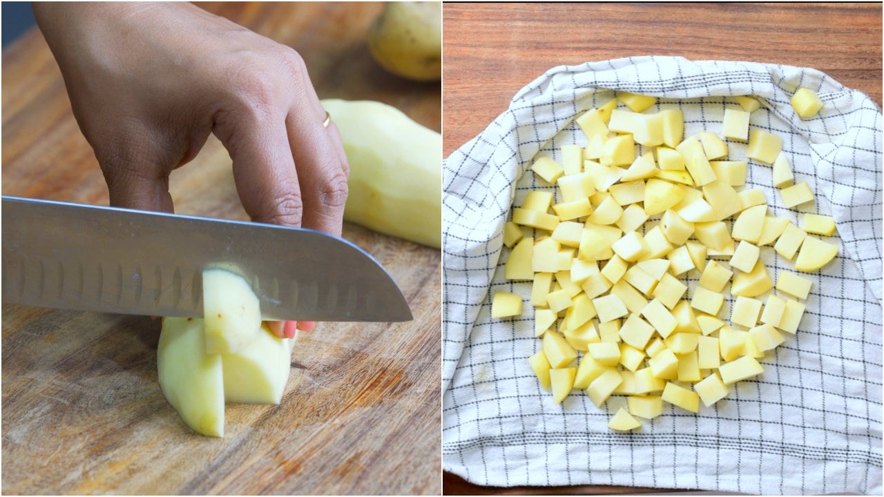 Cut peeled potatoes into 1 inch cubes to make breakfast potatoes