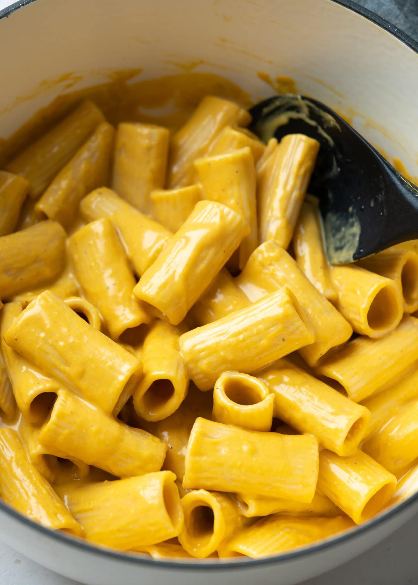 Close up view of creamy rigatoni pasta with roasted butternut squash sauce. 