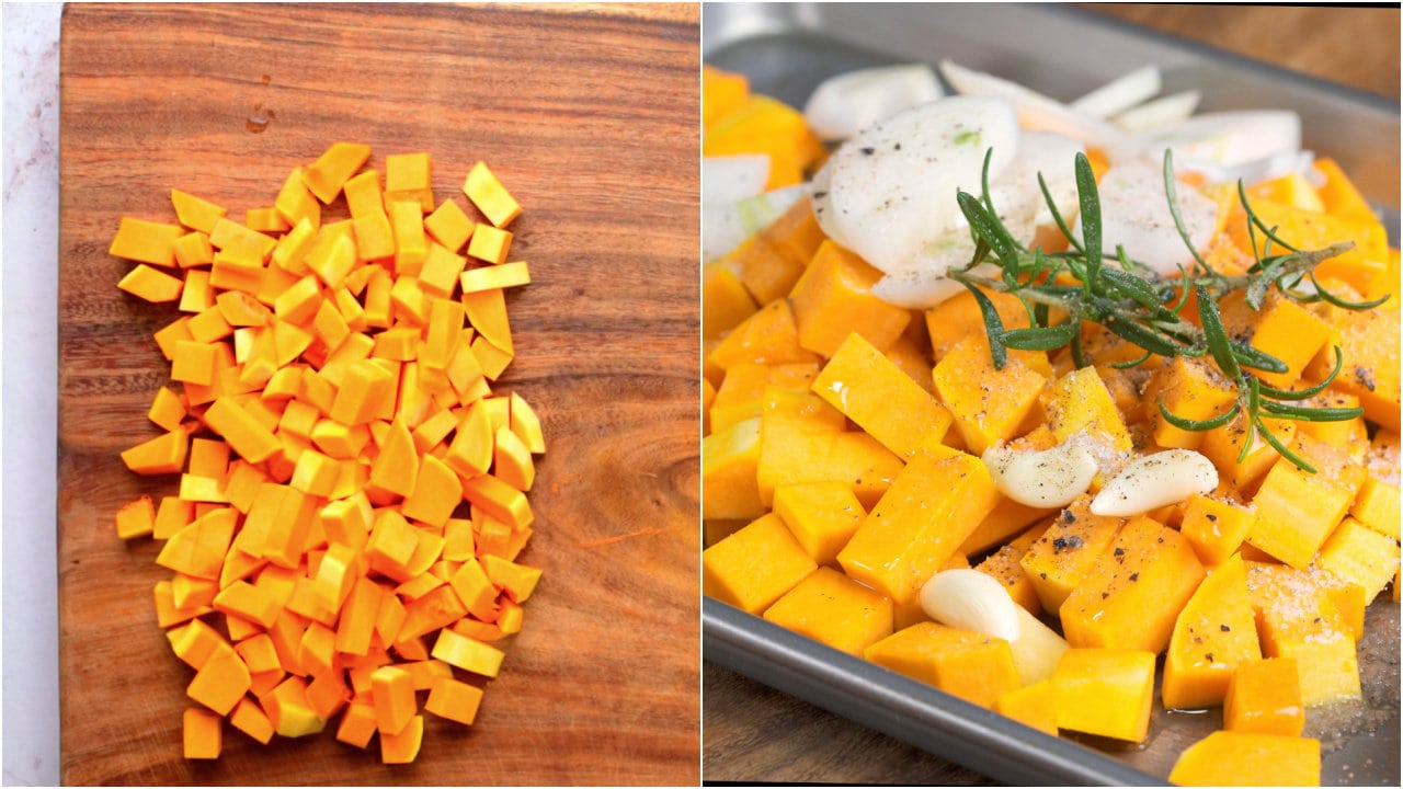 Collage showing steps before roasting - Season butternut squash with salt, pepper and oil. Roast along with onion, garlic and rosemary. 