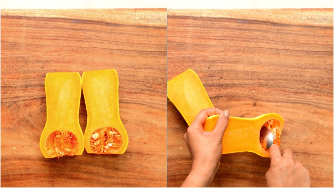 Peel and cut butternut Squash to half. Remove the seeds and pulp.