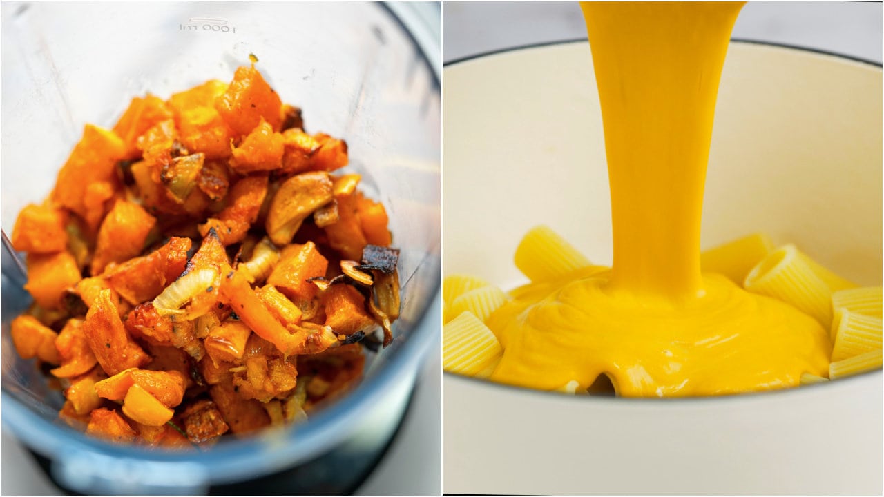 Blend toasted butternut squash, onion and garlic to a smooth sauce. 