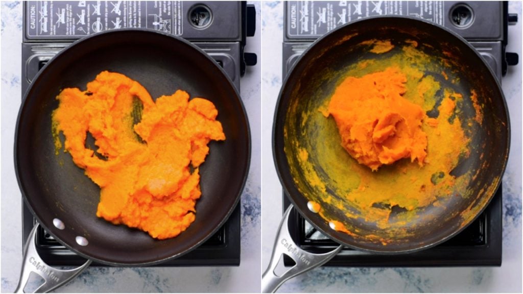 Collage of two images in single row shows how to reduce the pumpkin puree in a pan to reduce the mosture in them.