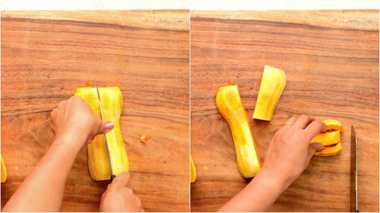 Chop butternut squash to 1 inch cubes. 