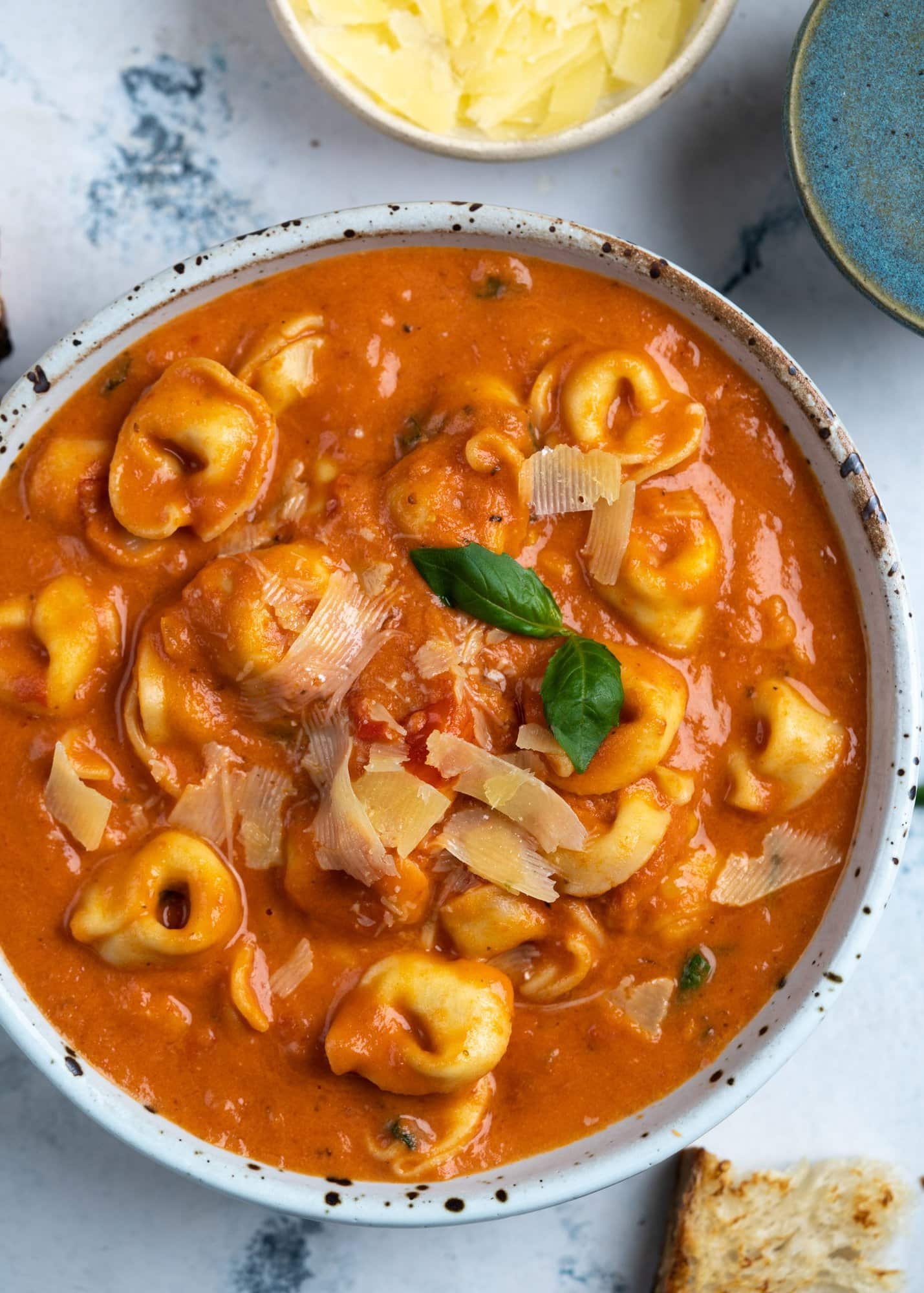 Close up shown of tomato tortellini soup showing tortellini pasta, parmesan cheese, fresh basil. Served with slice of bread.