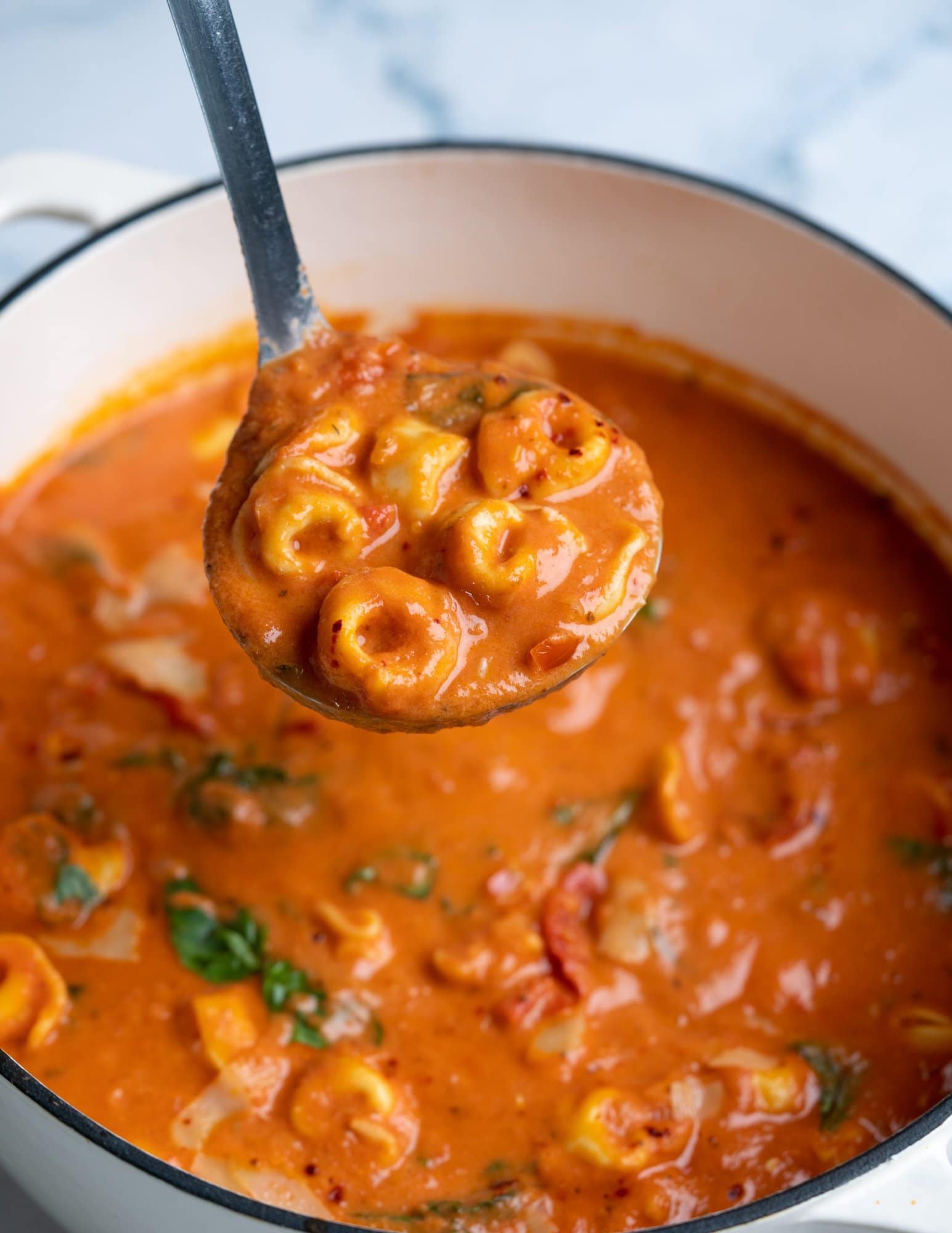 Tortellini pasta in a creamy, cheesy and tangy tomato soup, made in a dutch oven. A ladleful of soup shown in the image.