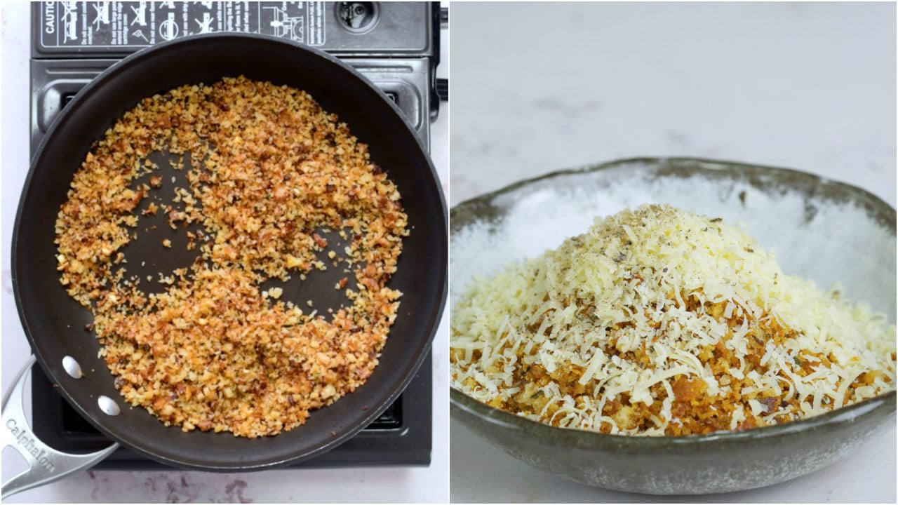 Collage shows steps to make the crumb - To toasted breadcrumbs add grated parmesan and keep aside. 