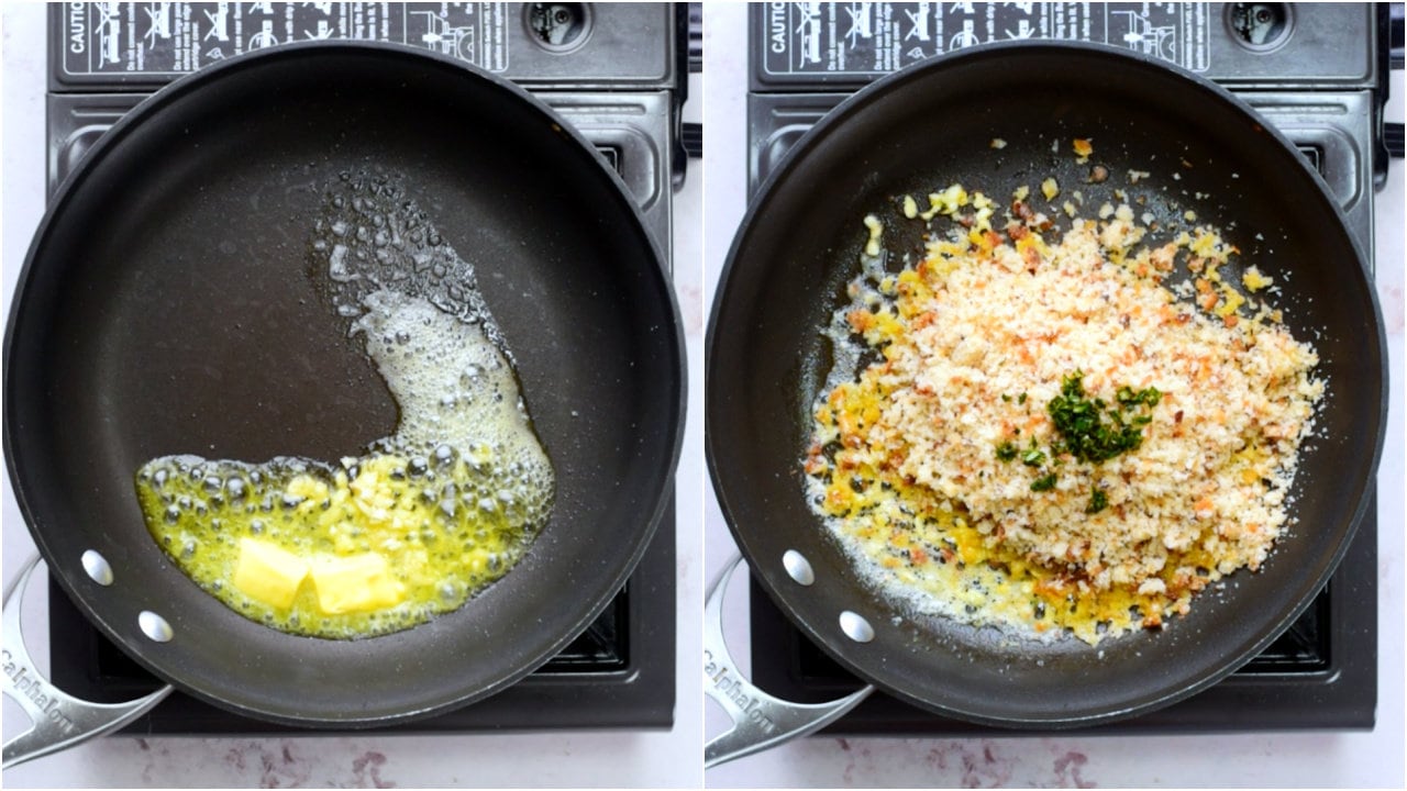 Collage showing sauteing steps - Saute garlic in butter and then add breadcrumbs. 
