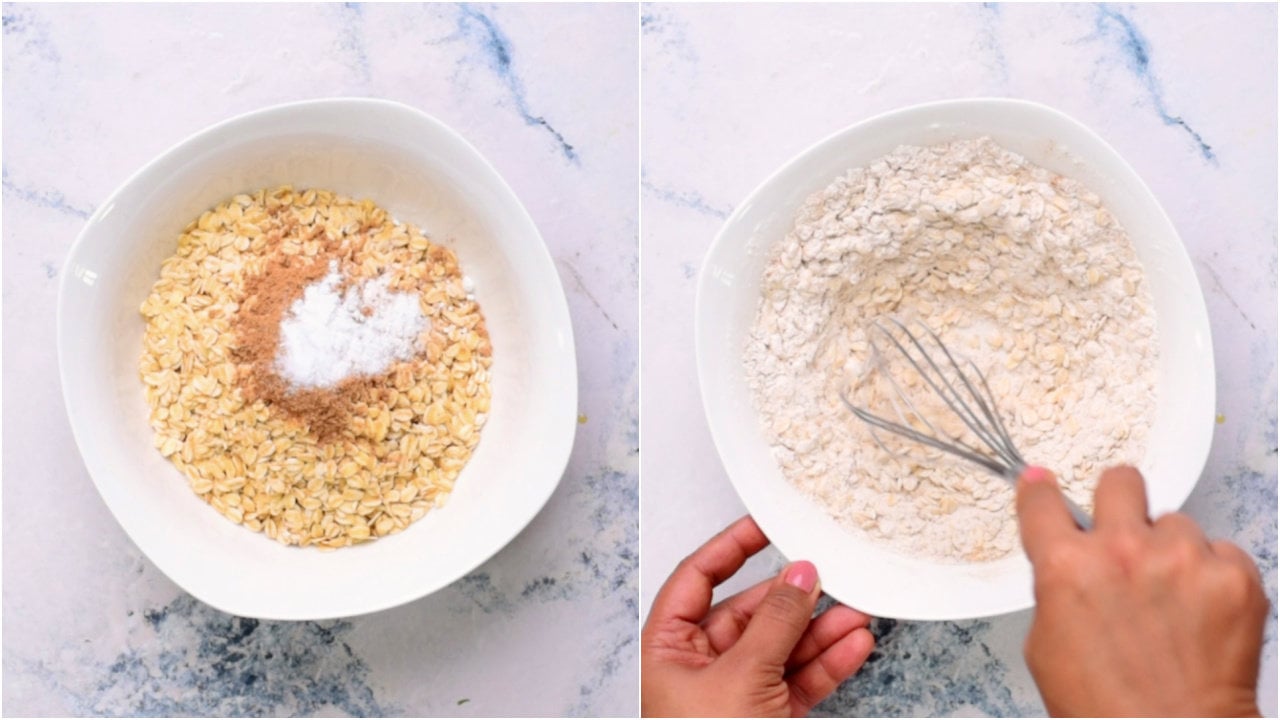 Collage shows steps to prep for making pumpkin oatmeal cookies - first row images shows to mix dry ingredients in a white bowl and mix them. Second row images shows to add wet ingredients to a glass bowl and mix them.