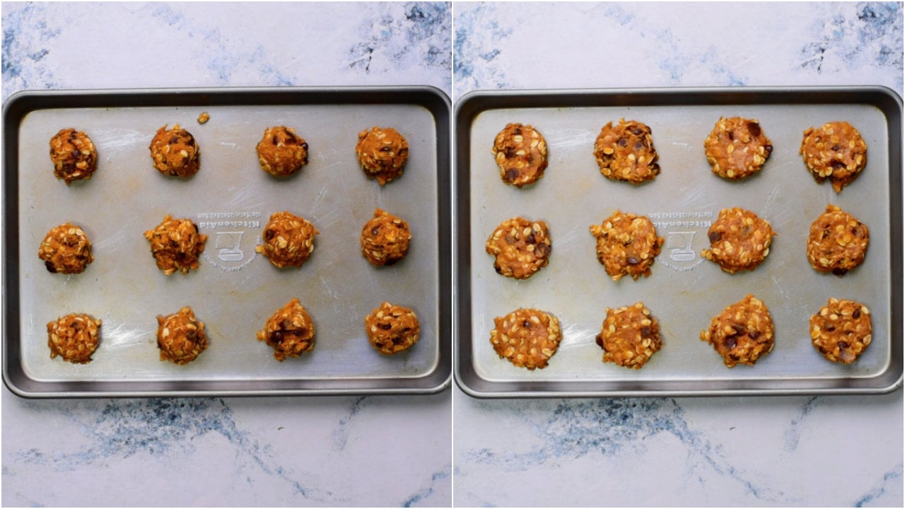 Scoop the dough to place dough balls on an oven tray. Flatten them slightly using a spatula. Shift to oven to bake.
