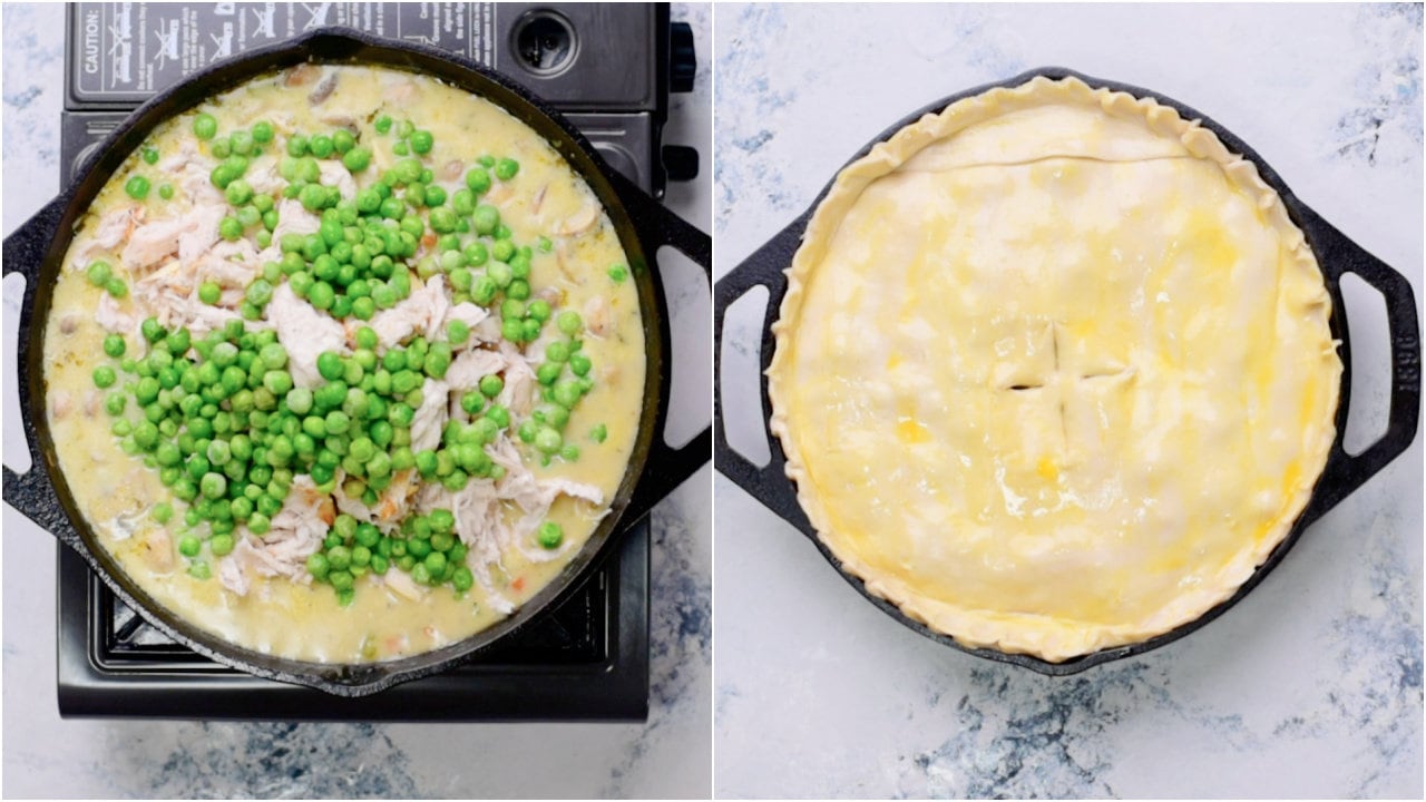 The skillet filled with the cooked filling is covered from all the sides with the pie sheet.