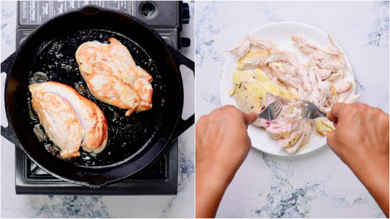 cooking chicken on a hot skillet with some melted butter.