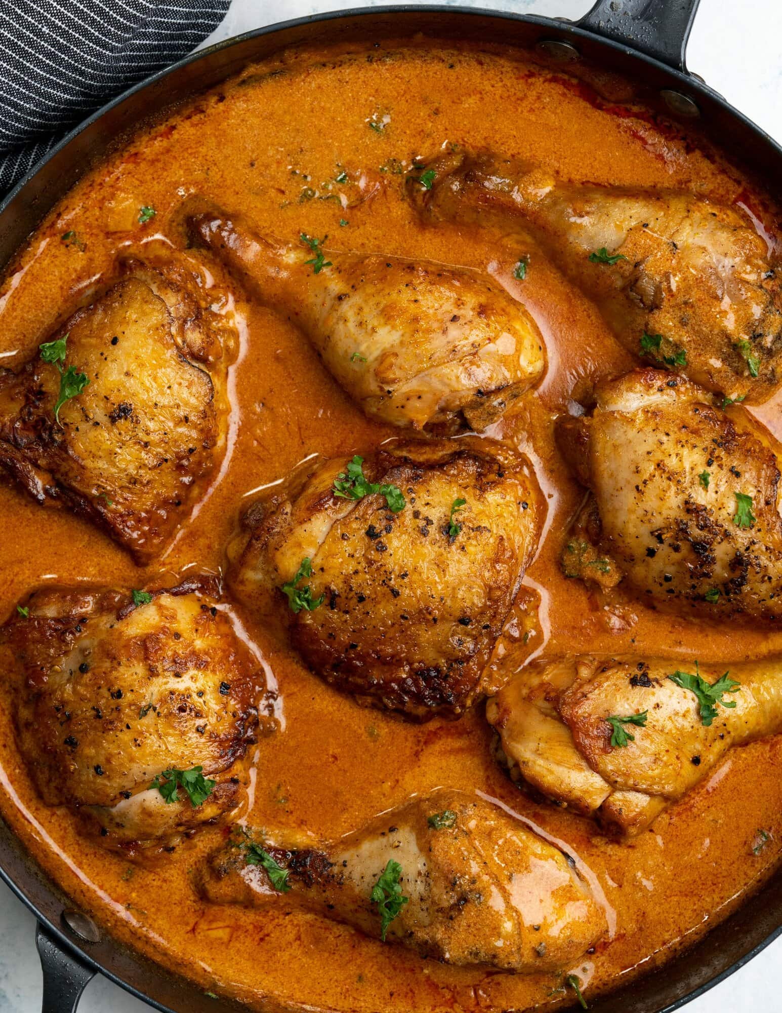 top view of a pan with chicken paprikash