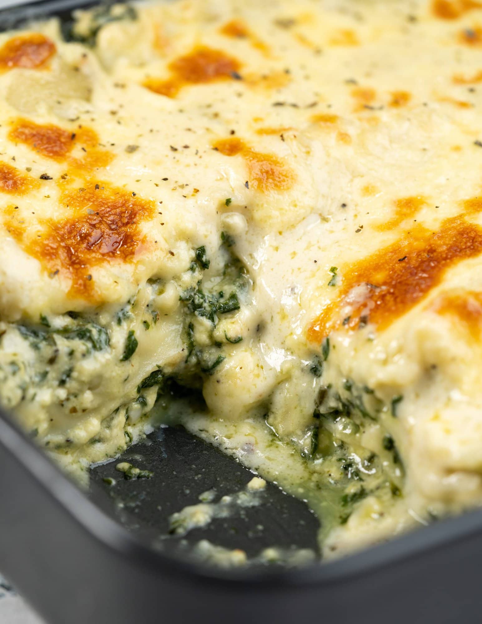 Cheese oozing out of creamy spinach lasagna layers when a slice is cut out. The top has a baked golden brown color.