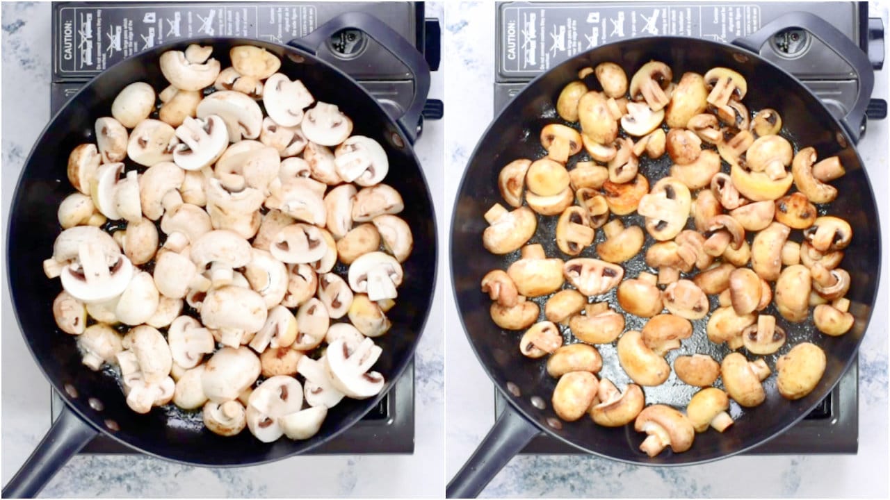 Tossing mushrooms in a skillet with some butter