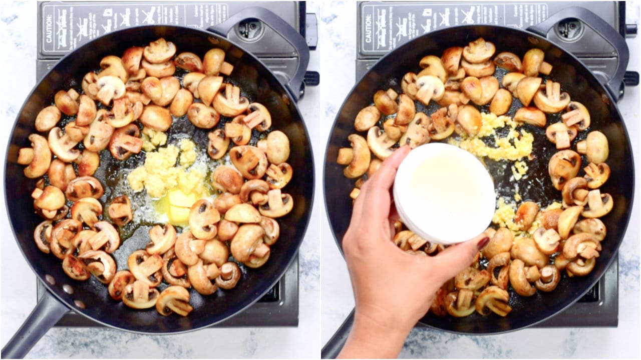 chopped garlic along with salt,pepper  and some butter is added to the golden fried mushrooms