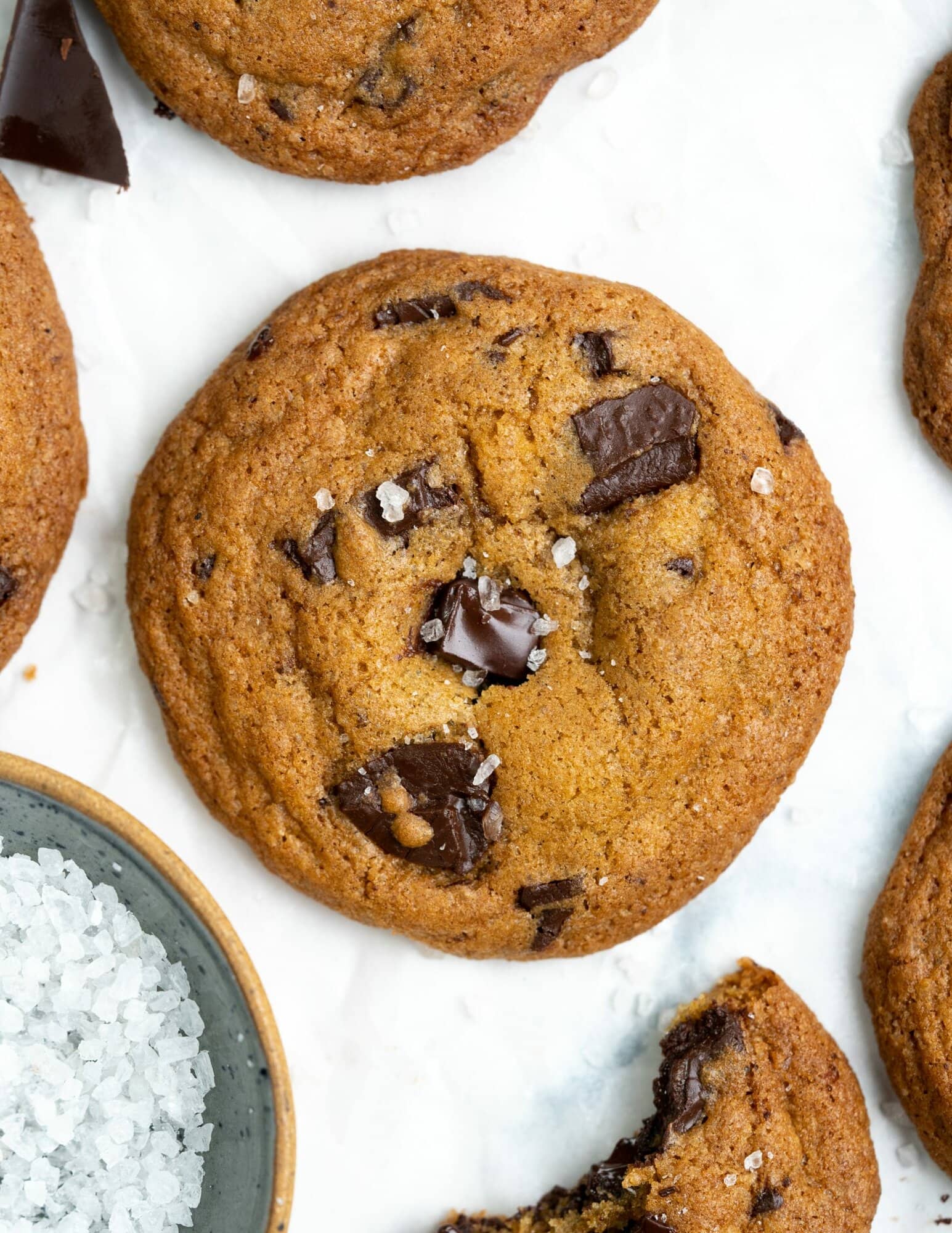 top view of chewy,soft brown butter cookie with chocolate chips