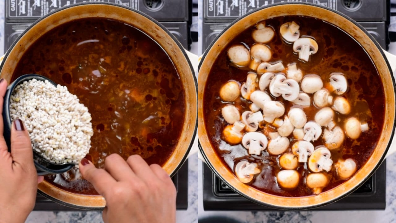 Add soaked barley and mushroom. 