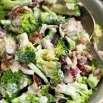 Close up view of broccoli salad shows tender yet crips, broccoli, chopped onions, bacon bits with a creamy yogurt dressing.