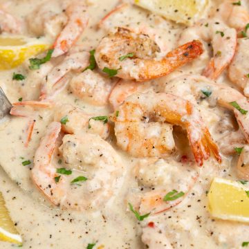 Creamy garlic shrimp with a sauce loaded with heavy cream and parmesan cheese.