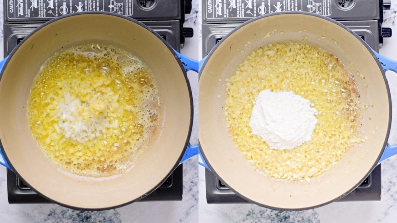 Collage of Minced garlic and chopped onion saute and adding flour in a dutch oven to prepare a roux.