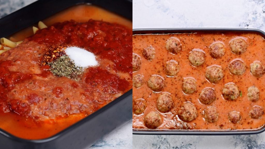 Italian seasoning, red pepper flakes, and salt is added to the baking dish and mixed properly, arranged the cooked meatball on the top of the mixture