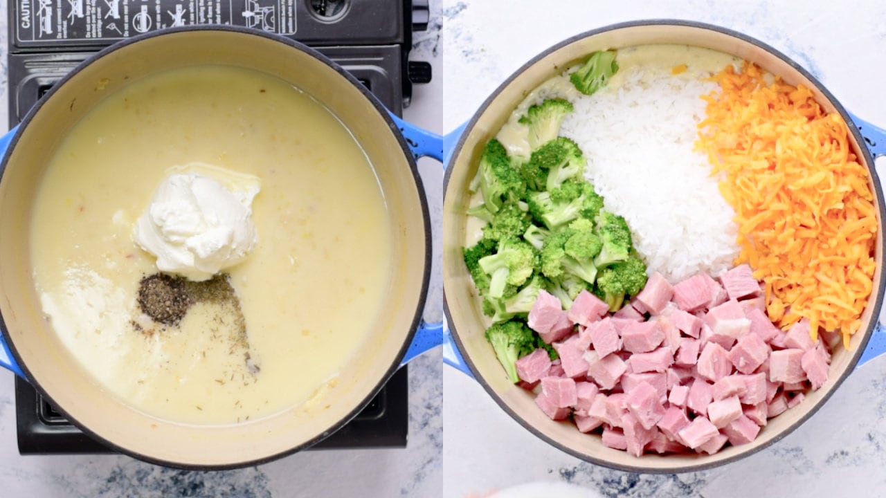 Dijon mustard, cream cheese, salt, pepper, rice, broccoli, ham and shreeded cheese is added the dutch oven and mixed.