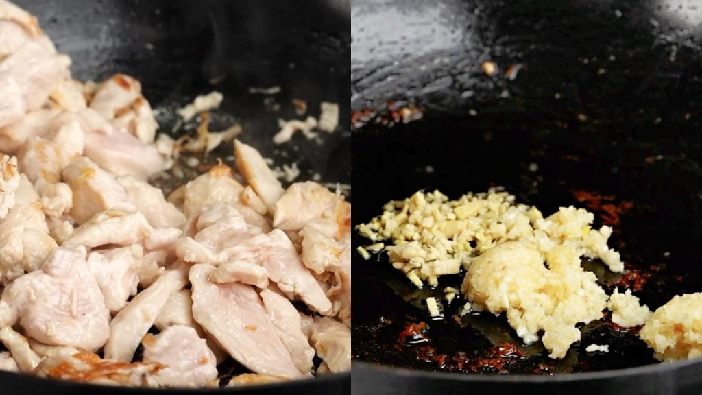 Cook marinated chicken. In the same wok saute ginger and garlic until aromatic. 