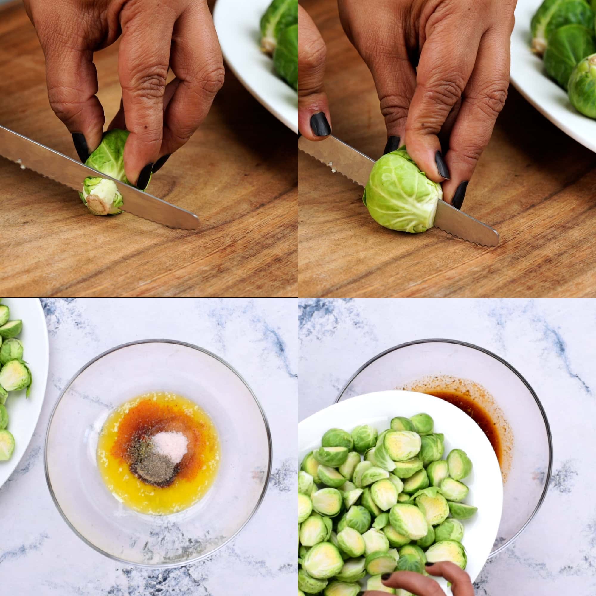 Collage showing steps on how to chop and mix seasoning for roasted brussels sprouts