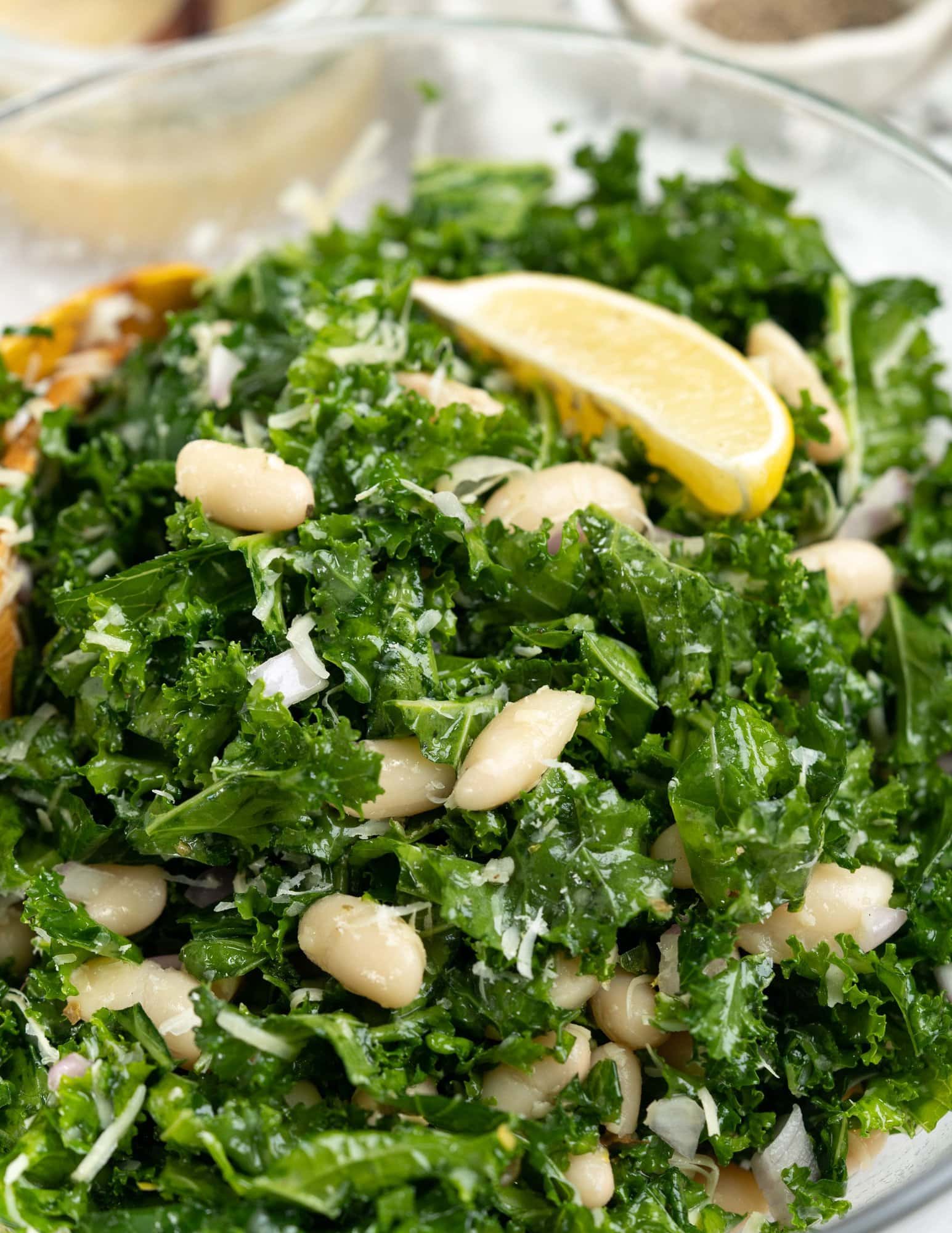 Close up of white bean salad with kale in a bowl and lemon slice placed on top