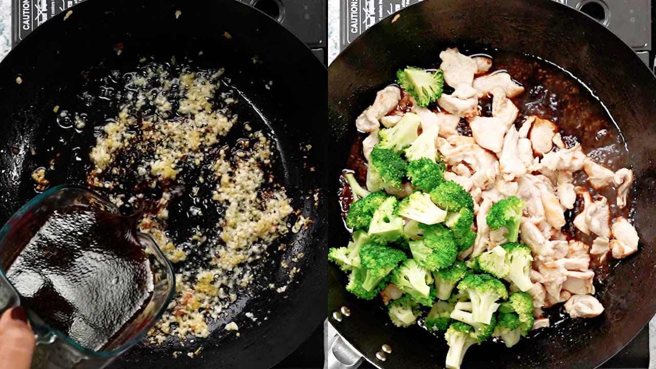 Cook the stir fry sauce and then add chicken and broccoli back to the wok. 