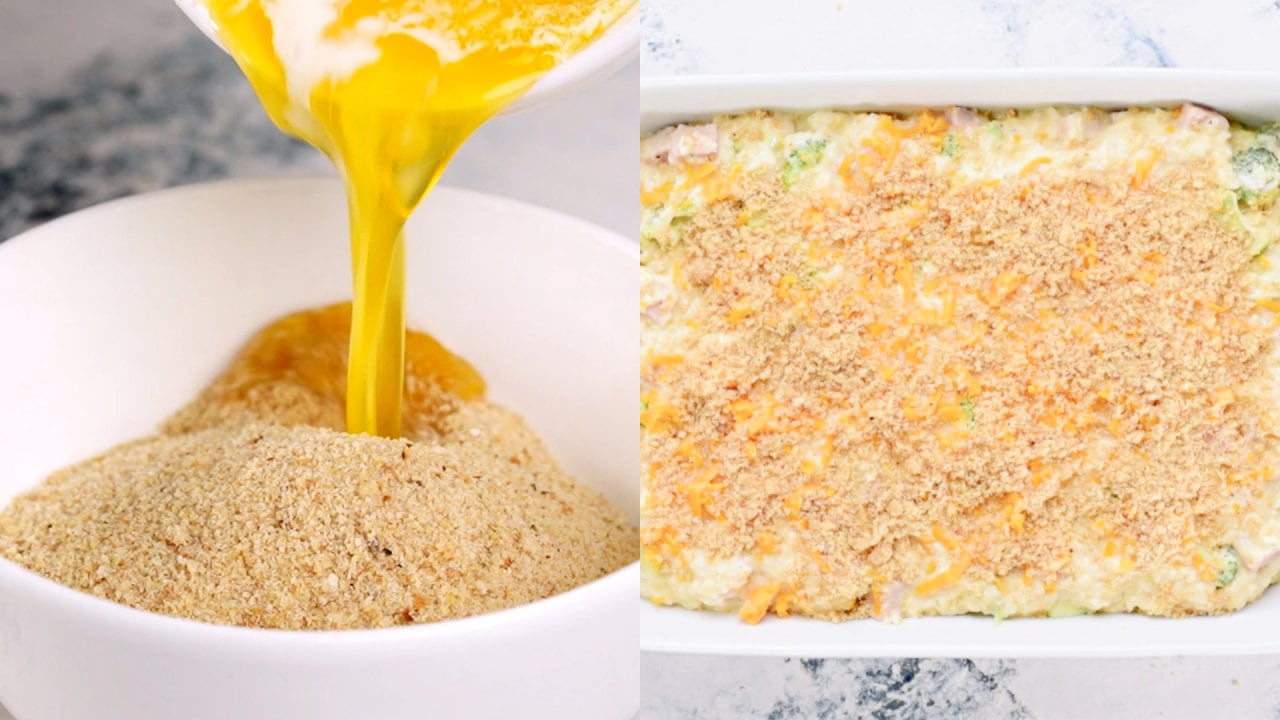 collage showing the steps to prepare the crunchy topping with breadcrumb and butter.