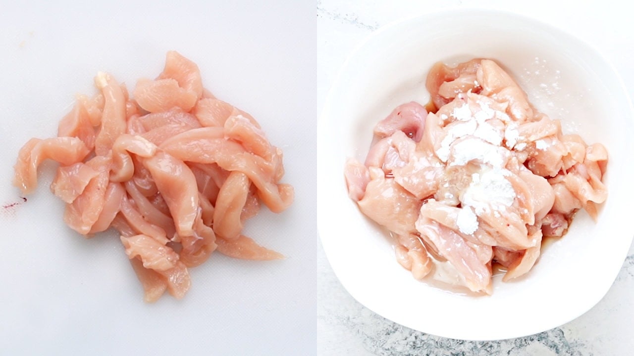 Cut chicken breast to thin slices. then marinate to tenderise the meat. 