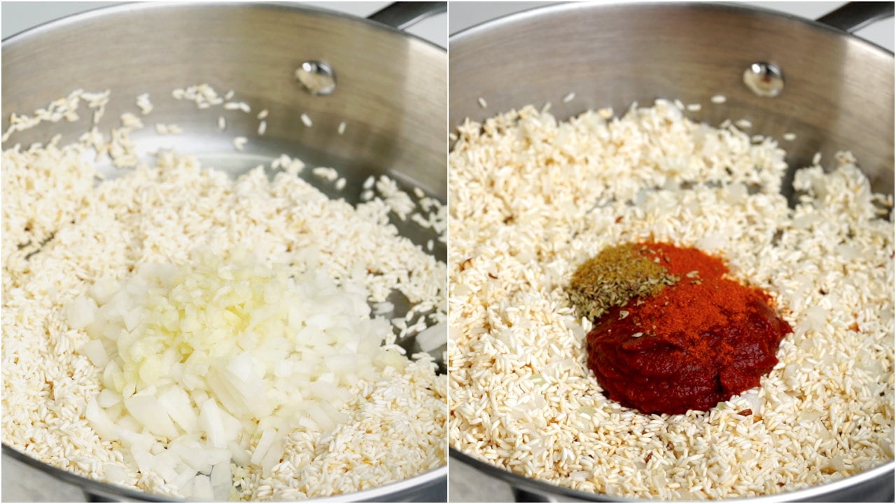 Sauteing aromatics and spices to enhance the overall flavour of Mexican rice. 