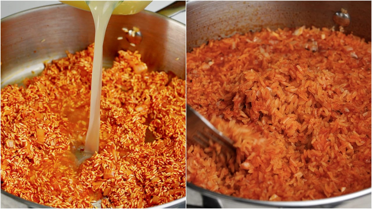 Add warm chicken stock and cook it on low. Once the rice is done let it rest and then gently fluff the rice with a fork. 