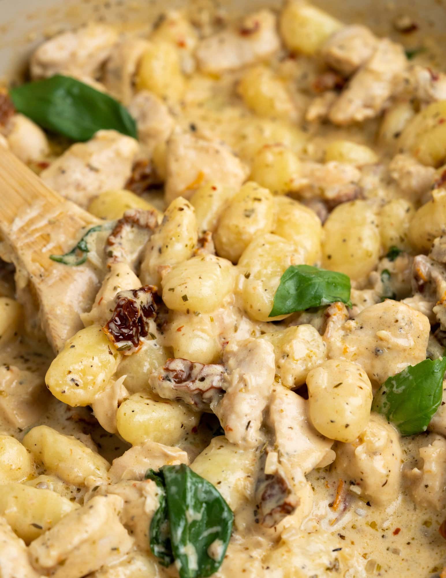 chicken breast, gnocchi in a creamy parmesan sauce with sundried tomatoes, Italian basil.