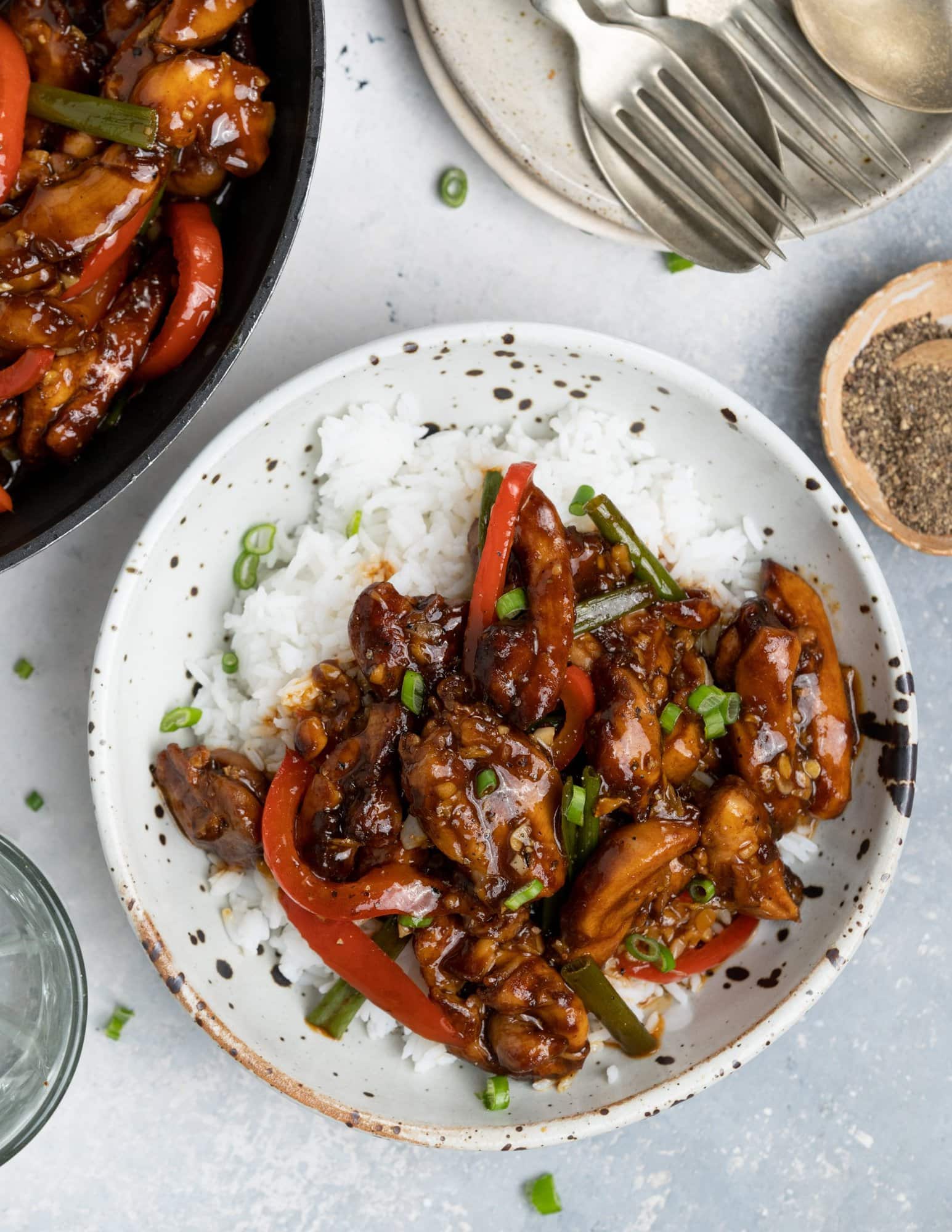 Chicken and bell pepper cooked in Chinese sauce with garlic and served in a bowl on a bed of rice. It was garnished with chopped green onion.