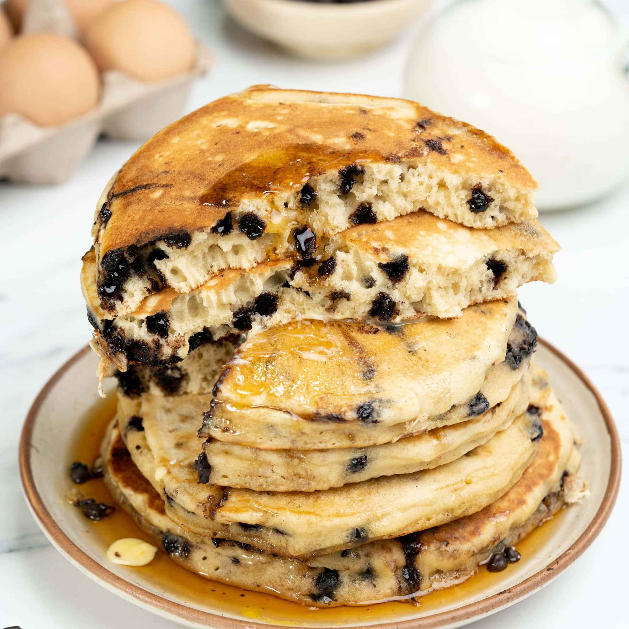 cross section of chocolate chip pancake that show how airy the batter is. 