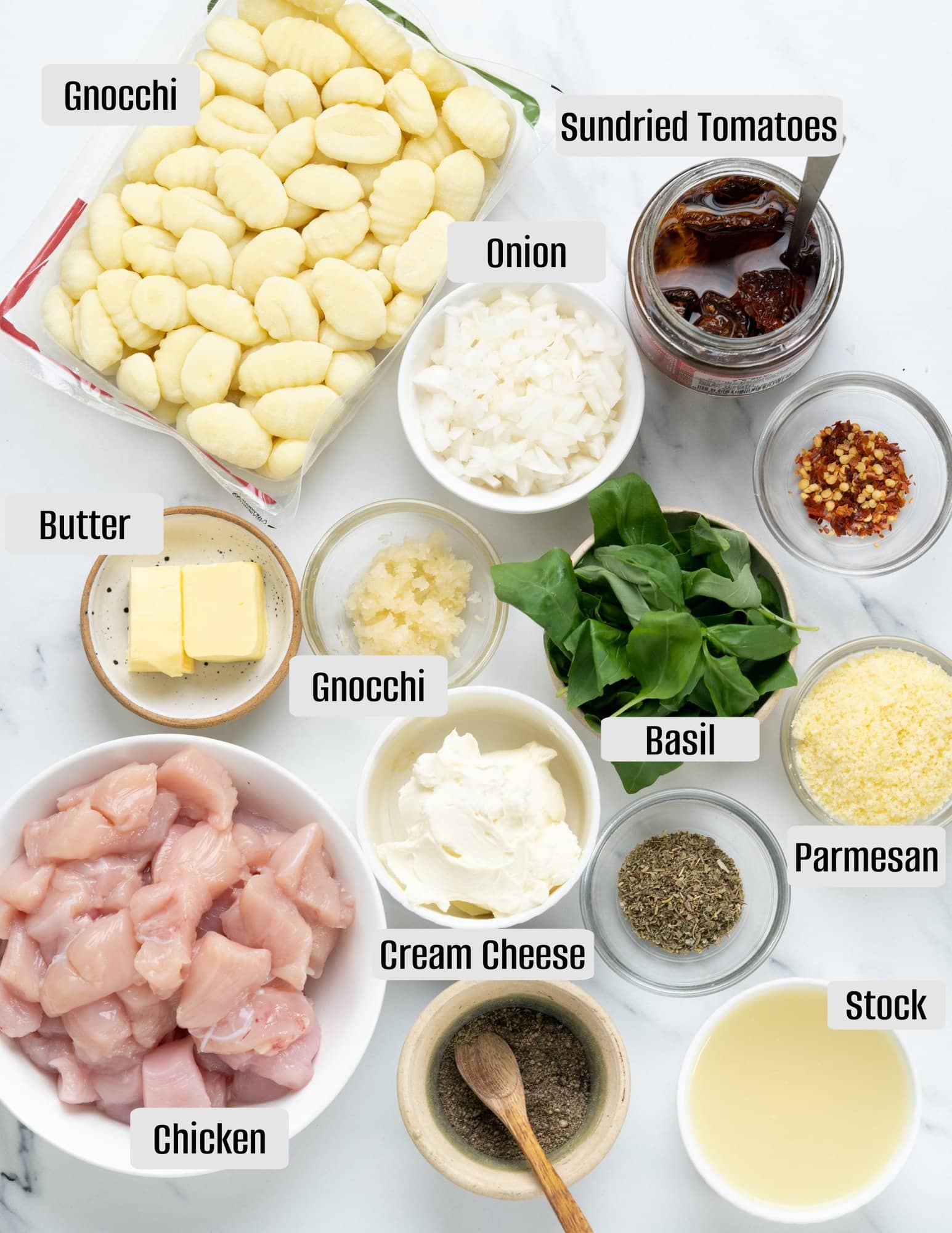 Ingredients for creamy chicken gnocchi.